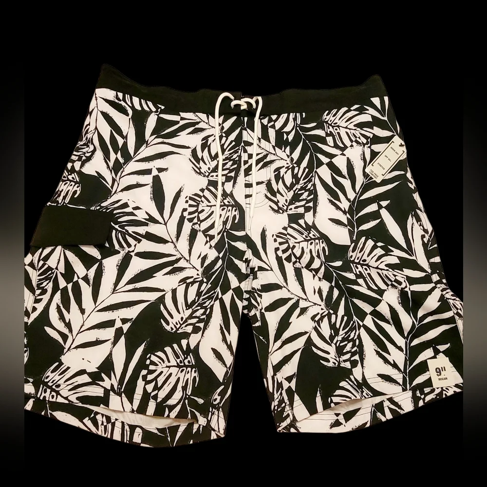 NWT George Mens Swim Trunks Swimsuit Black and White Tropical Size XL 9